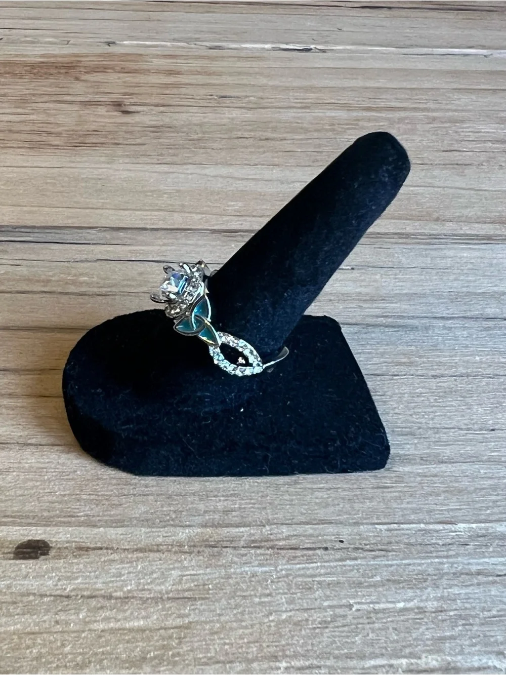 Silver-tone Green Enamel Floral Halo Ring With Clear Center Stone Size 7